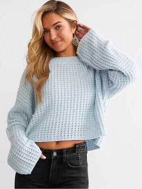 Willow & Root Light Blue Waffle Knit Boxy Crewneck Sweater